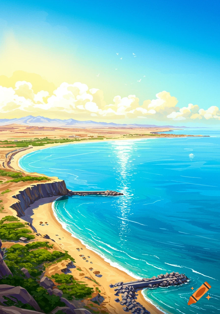 A sunny coastal landscape with a beach, blue sea, and mountains.
