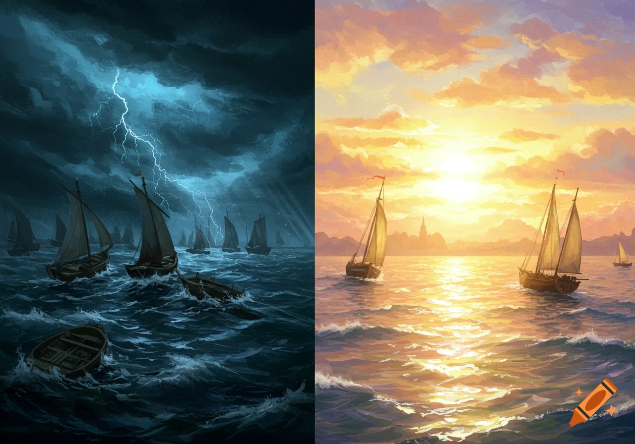 Painting of a stormy sea with boats and lightning on the left, and a sunny sea with boats and sunset on the right.