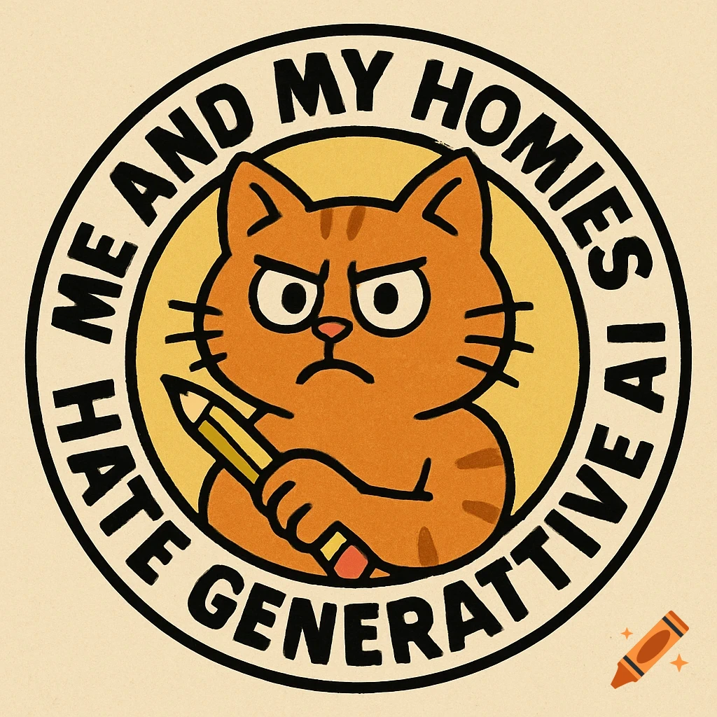 A cartoon orange cat holding a pencil, surrounded by text in a circle that reads "ME AND MY HOMIES HATE GENERATIVE AI".
