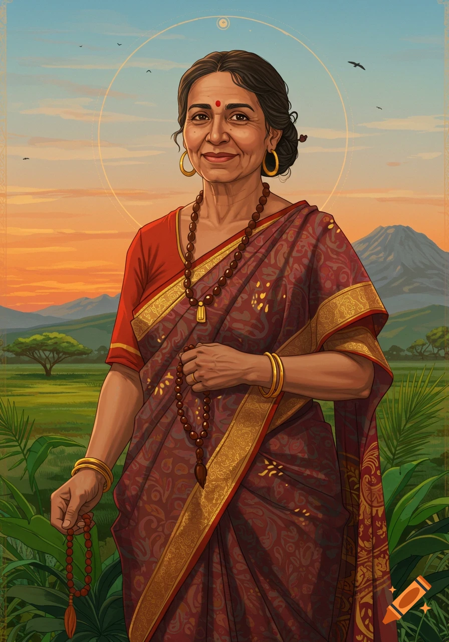 An older woman in a red saree holding prayer beads, standing in a landscape at sunset.