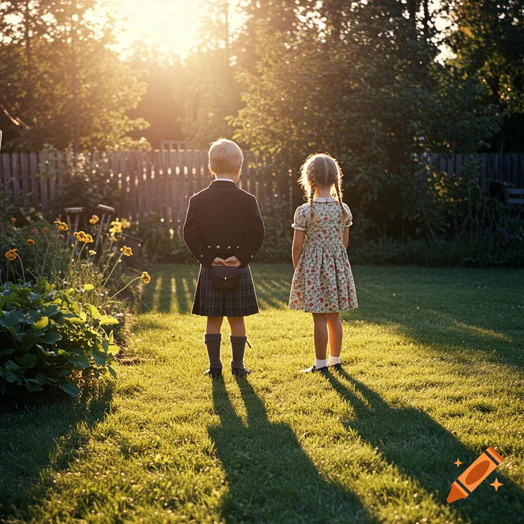 Two children stand in a sunny garden, casting long shadows, in a vintage photograph.
