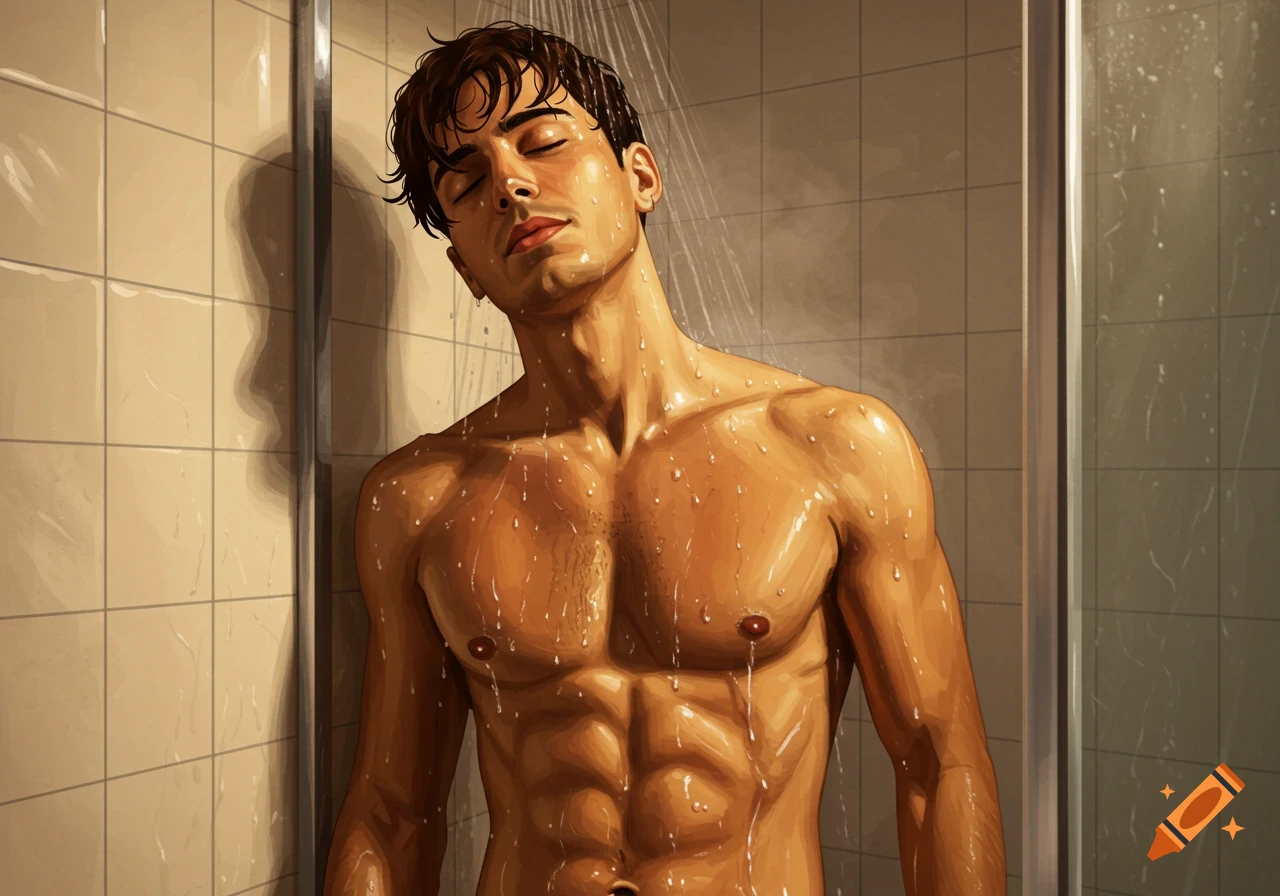 A shirtless man in a shower.