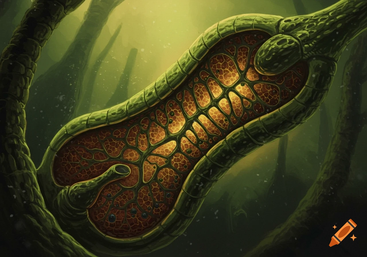 Cross-section of a green tubular biological structure with glowing honeycomb patterns.