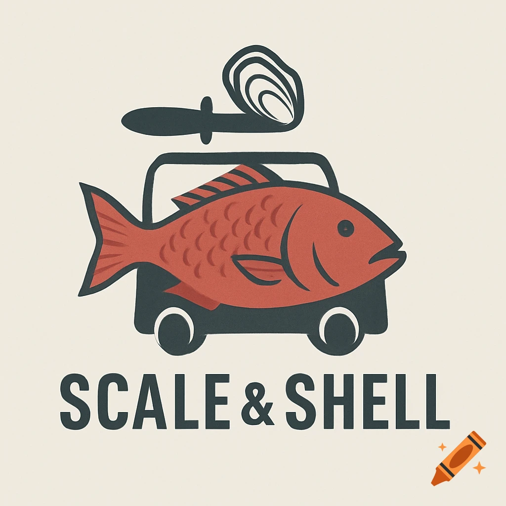 A minimalist graphic logo features a stylized red fish on wheels with an oyster and knife icon above it. Below reads "SCALE & SHELL".