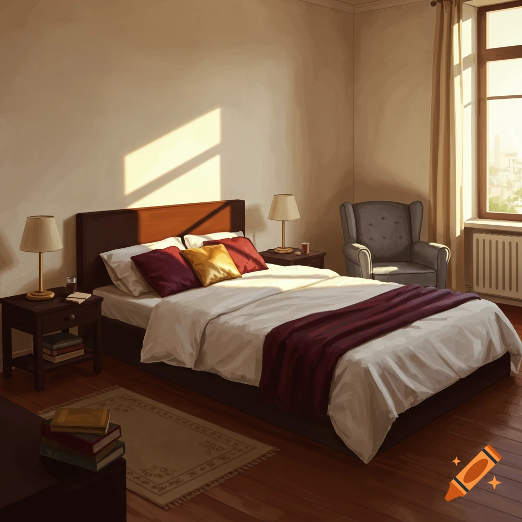 A cozy bedroom with a bed, chair, window, and morning light.