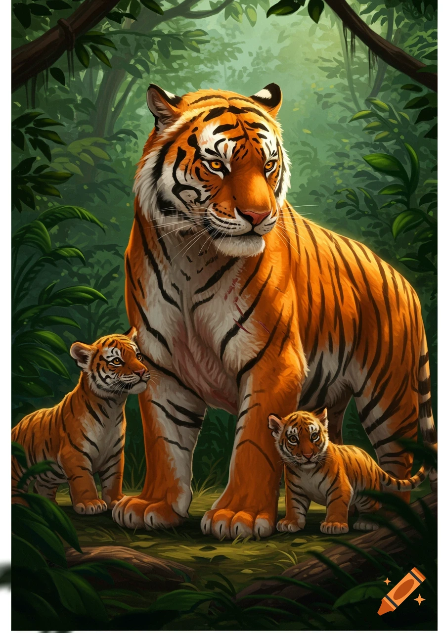 A large tiger stands with two cubs in a jungle.