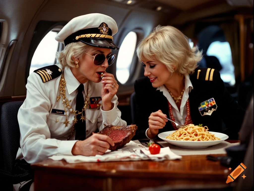 Two women in airline uniforms eat steak and spaghetti at a table on a plane.