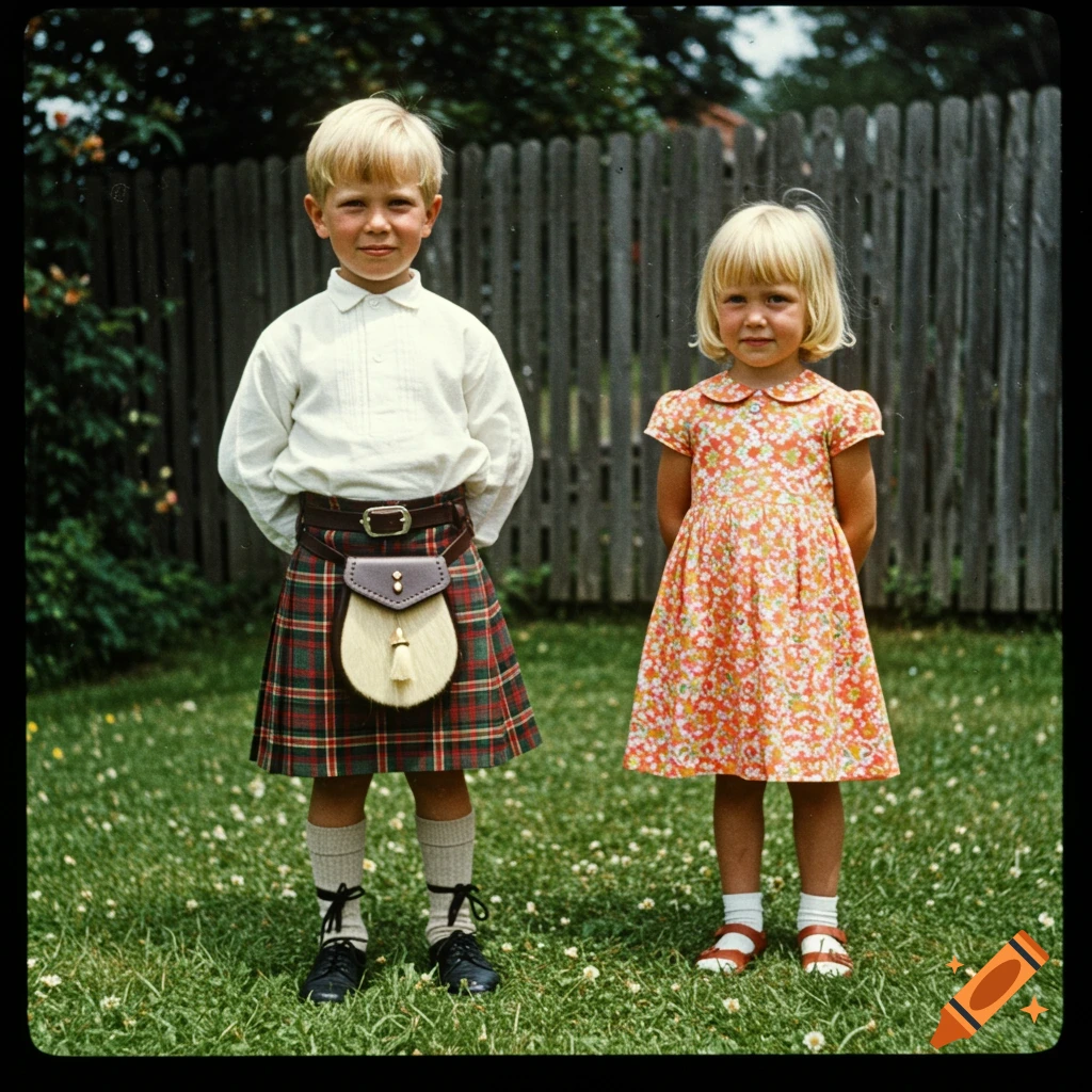 Vintage photo of a boy in a kilt and a girl in a dress standing in a garden.
