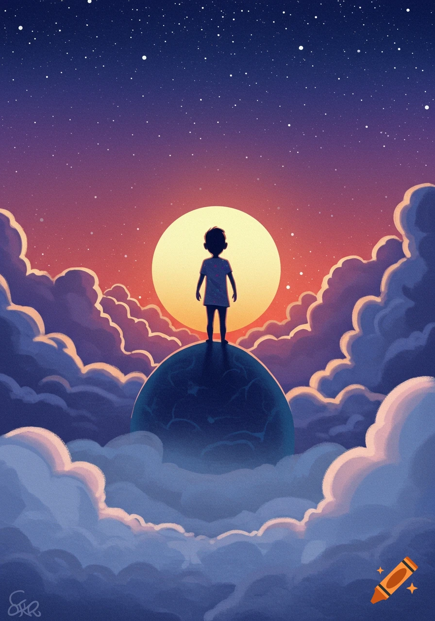 Silhouette of a person standing on a planet above clouds, looking at a large sun or moon in a starry sky.
