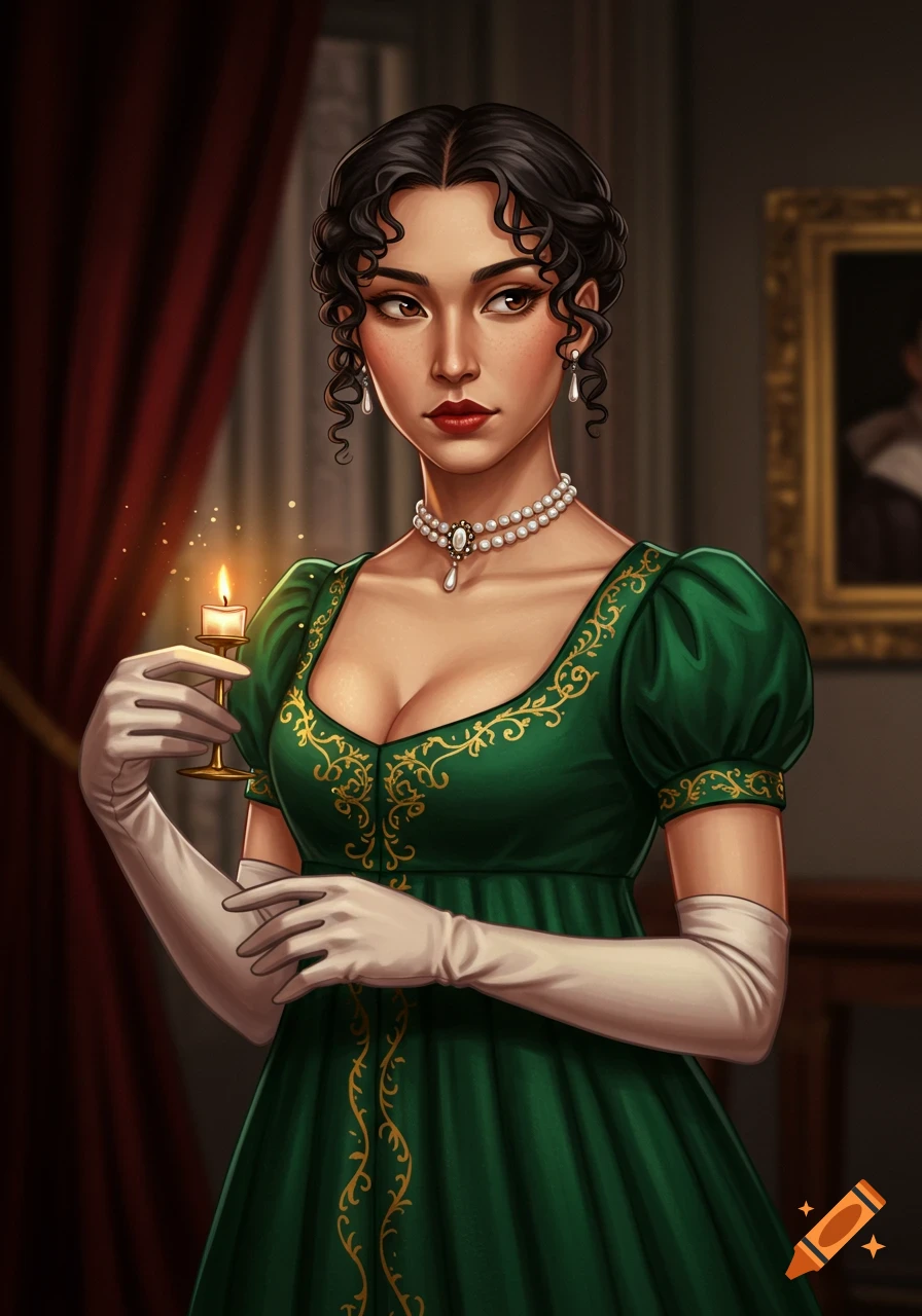 A woman in a green Regency gown holding a candle.