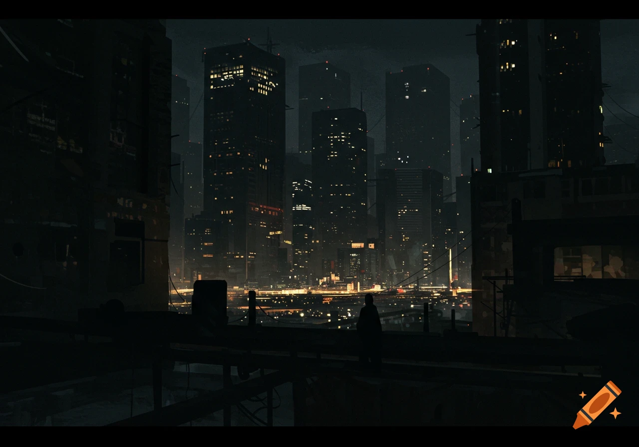 A figure overlooking a dark, lit city skyline at night.