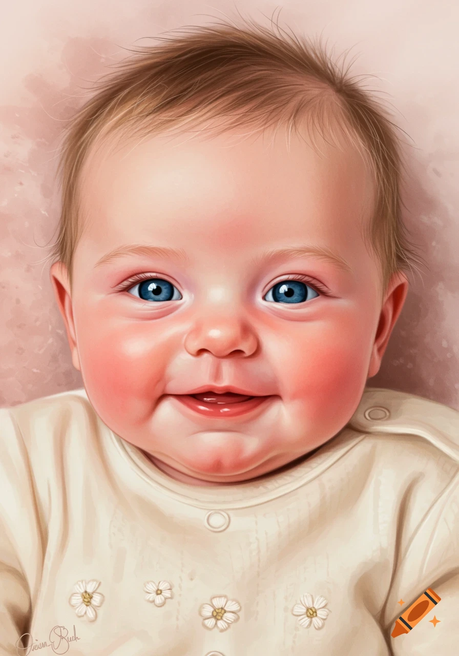 Close-up of a smiling baby with blue eyes and rosy cheeks in a cream onesie.