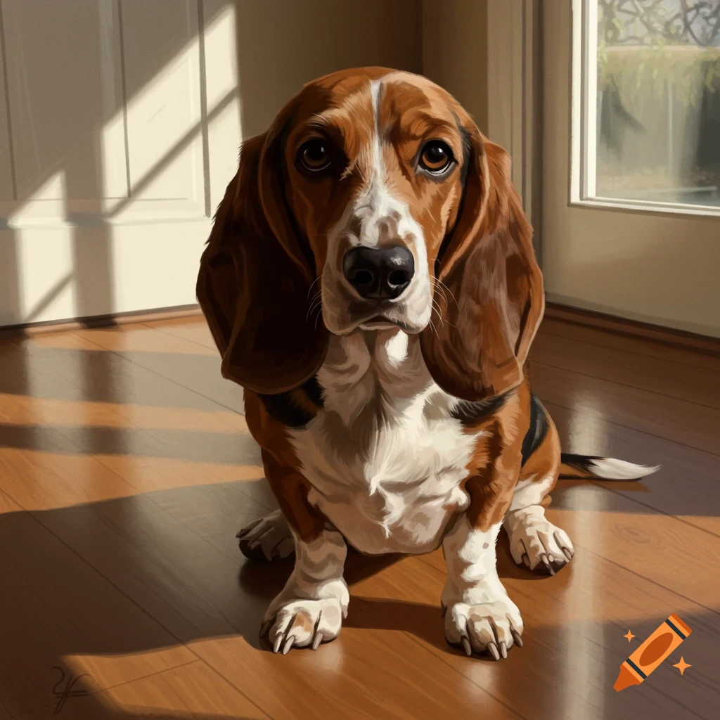A Basset Beagle dog sitting on a wooden floor in sunlight.