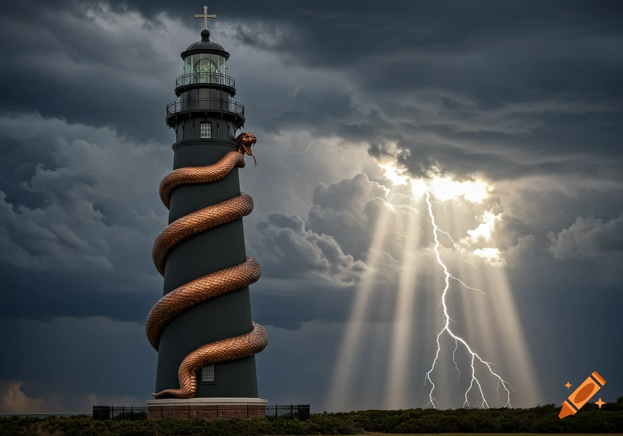 A lighthouse wrapped in a bronze serpent during a stormy sky with lightning