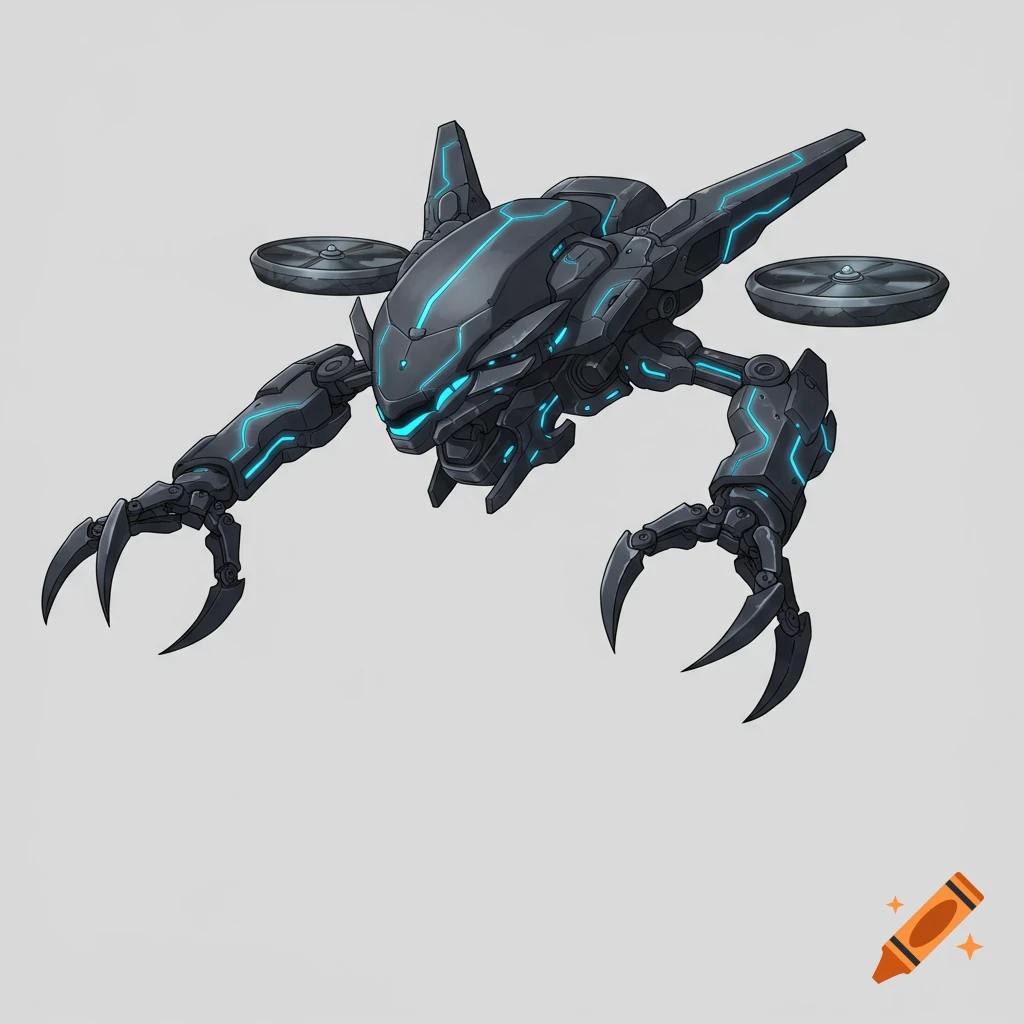 A sleek futuristic anime-style hovering drone killbot with grasping arms on a light gray background.