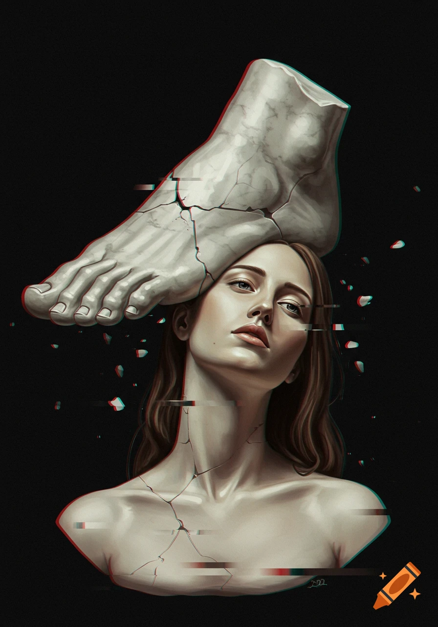 A woman with a cracked stone foot on her head, with glitching effects.
