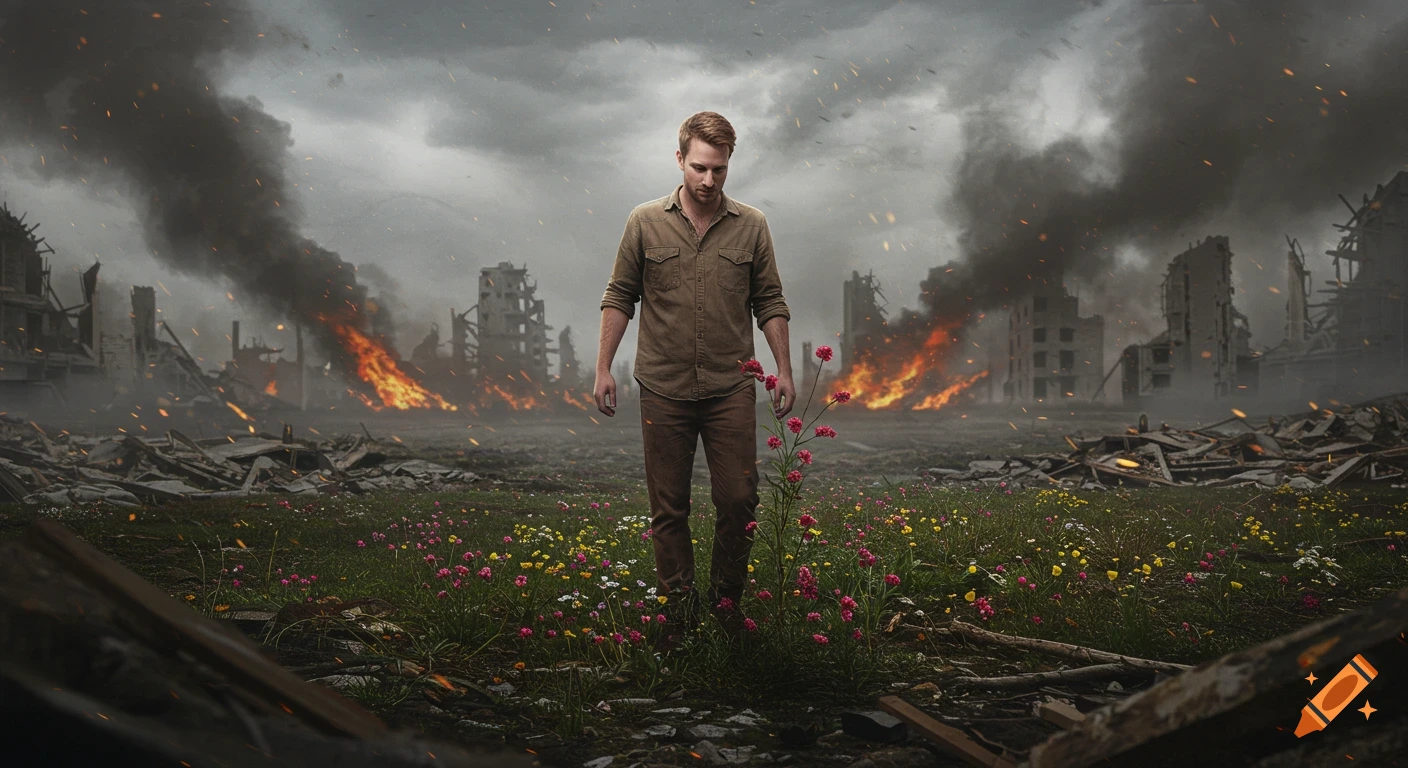 A man stands among flowers in a destroyed city landscape with burning buildings.
