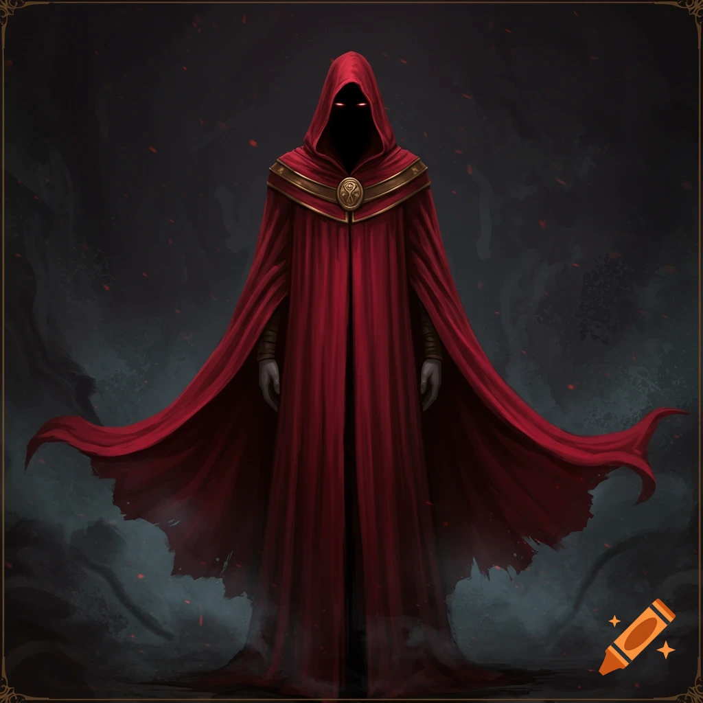A hooded figure in crimson robes stands in a mysterious setting.