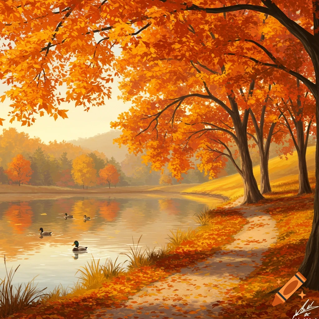 An autumn lake with trees, fallen leaves, and ducks.