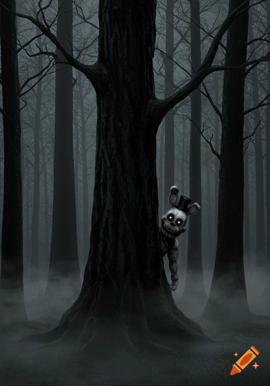 A creepy white animatronic bunny peeks from behind a tree in a dark, foggy forest.