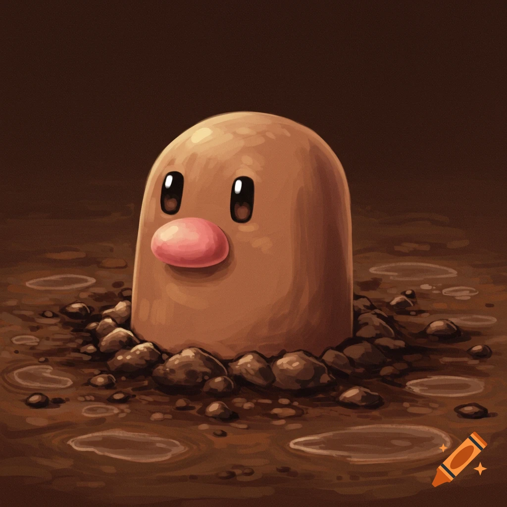 A Pokemon Diglett emerges from brown soil, with rocks and puddles surrounding it.