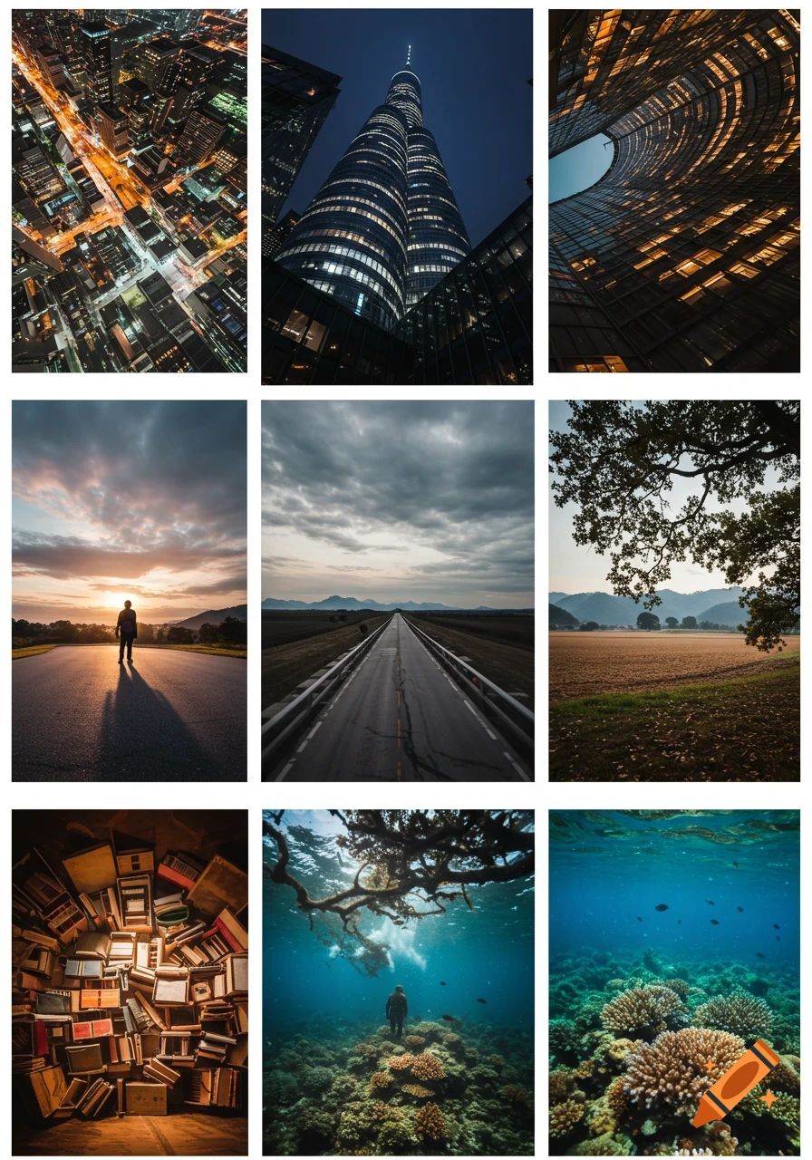A grid of nine diverse photographs including cityscapes, landscapes, architecture, and underwater scenes.