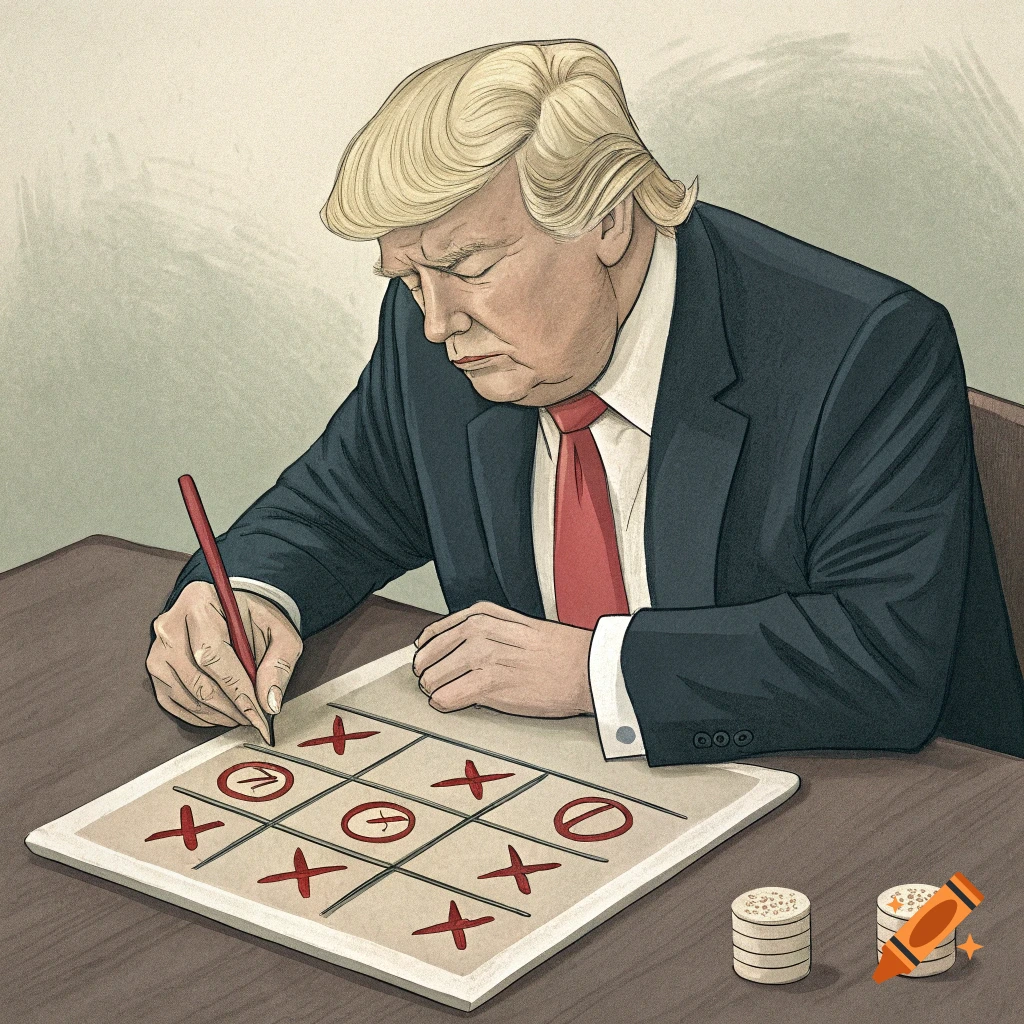 Illustration of Donald Trump playing tic-tac-toe.