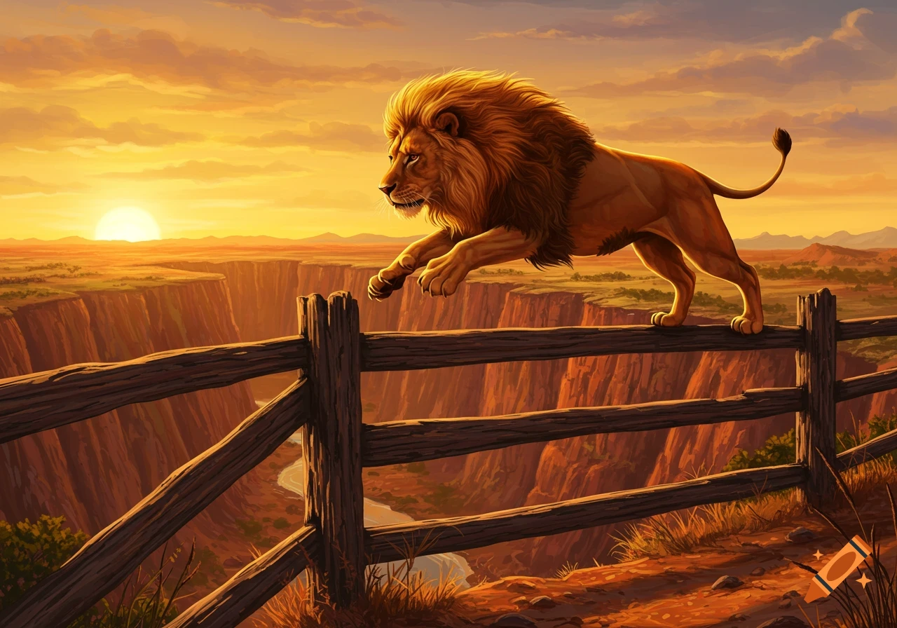 A lion leaping over a wooden fence in a canyon landscape at sunset.