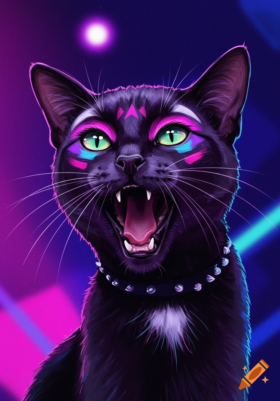 A black cat wearing neon makeup and a studded collar is singing against a neon background.