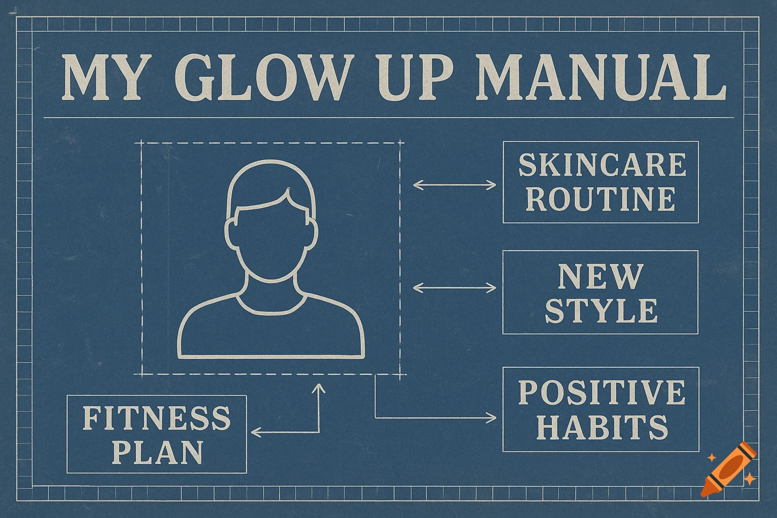 Blueprint diagram titled 'MY GLOW UP MANUAL' showing steps for personal improvement like skincare, style, habits, and fitness plan.