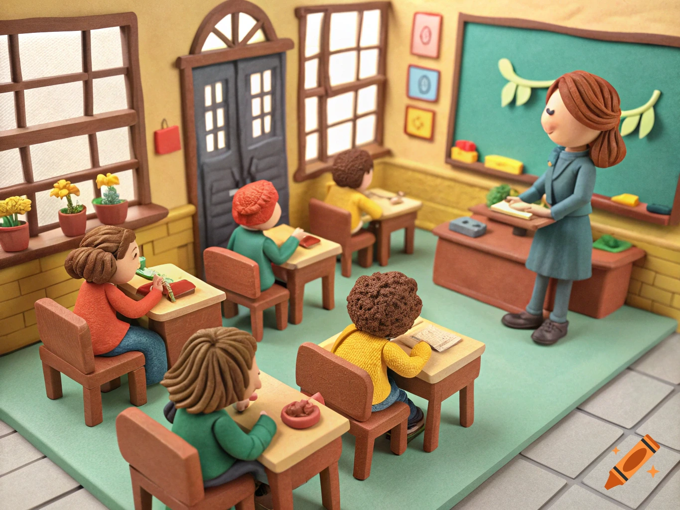 A claymation scene of a teacher and students in a classroom.
