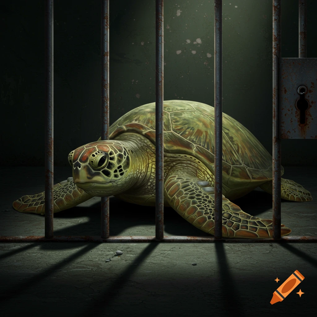 A turtle is shown in a dark jail cell behind rusty bars.