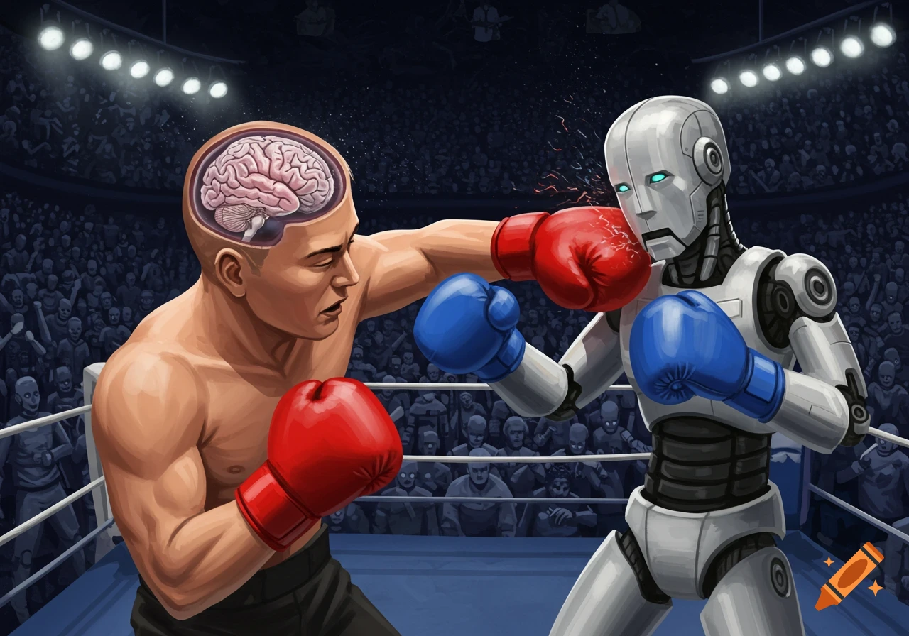 A human with a visible brain is boxing a robot in a ring, fisheye perspective.