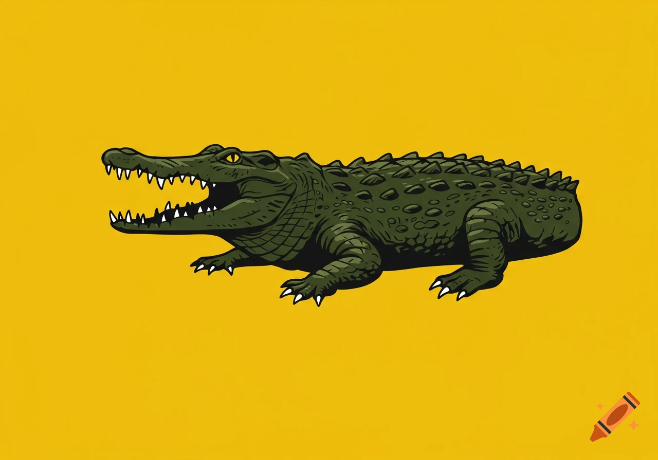 Stylized green crocodile with open mouth on a yellow background