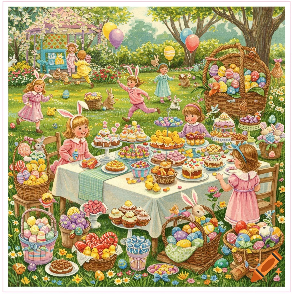 Vintage illustration of an Easter party in a garden with children, bunnies, eggs, and food.