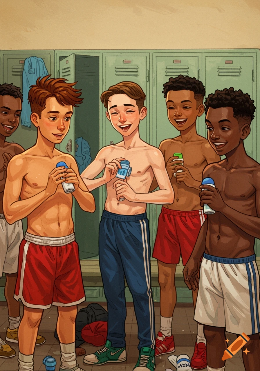 Cartoon illustration of diverse middle school boys in a locker room applying deodorant.