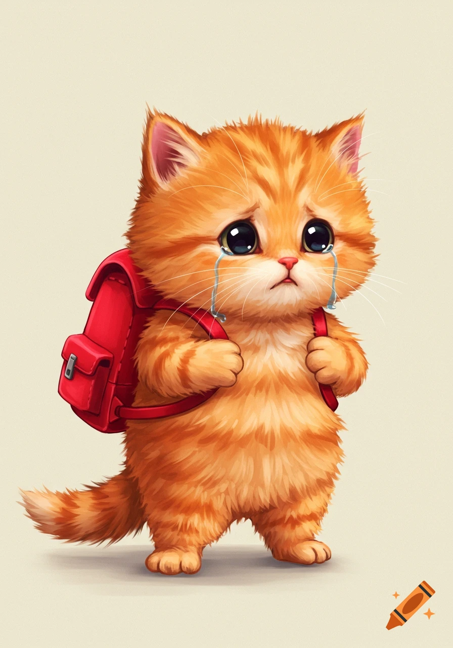 A cute orange cartoon kitten crying while wearing a red backpack.
