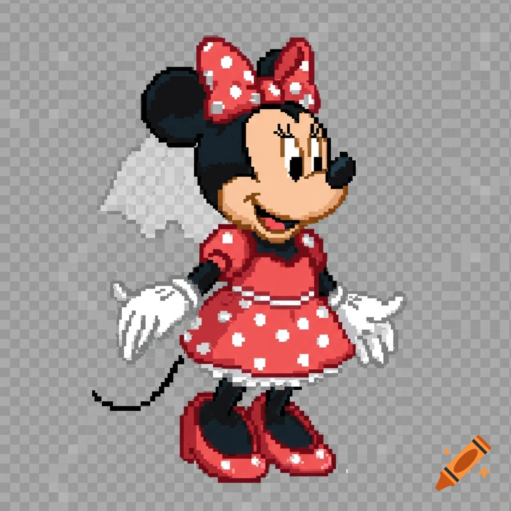 Pixel art sprite of Minnie Mouse in a red and white polka dot dress with a bow and veil.