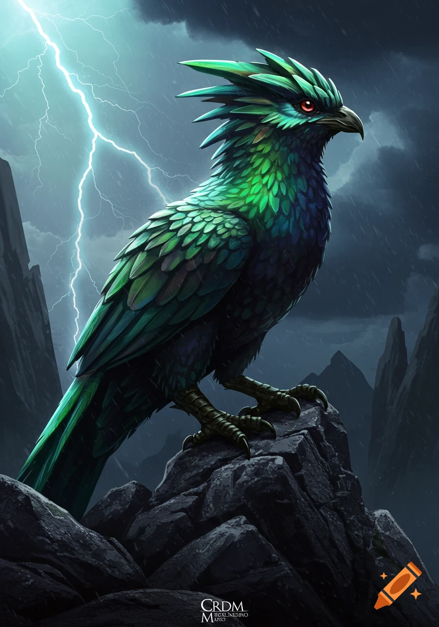 A green bird-like creature with red eyes stands on a rock during a lightning storm.