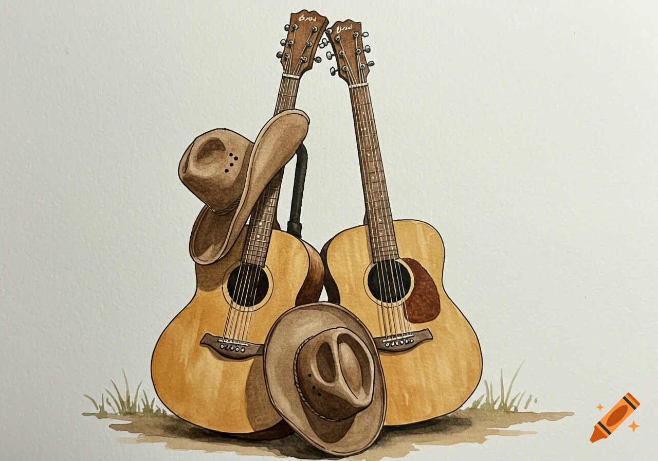Watercolor of two acoustic guitars and western hats.