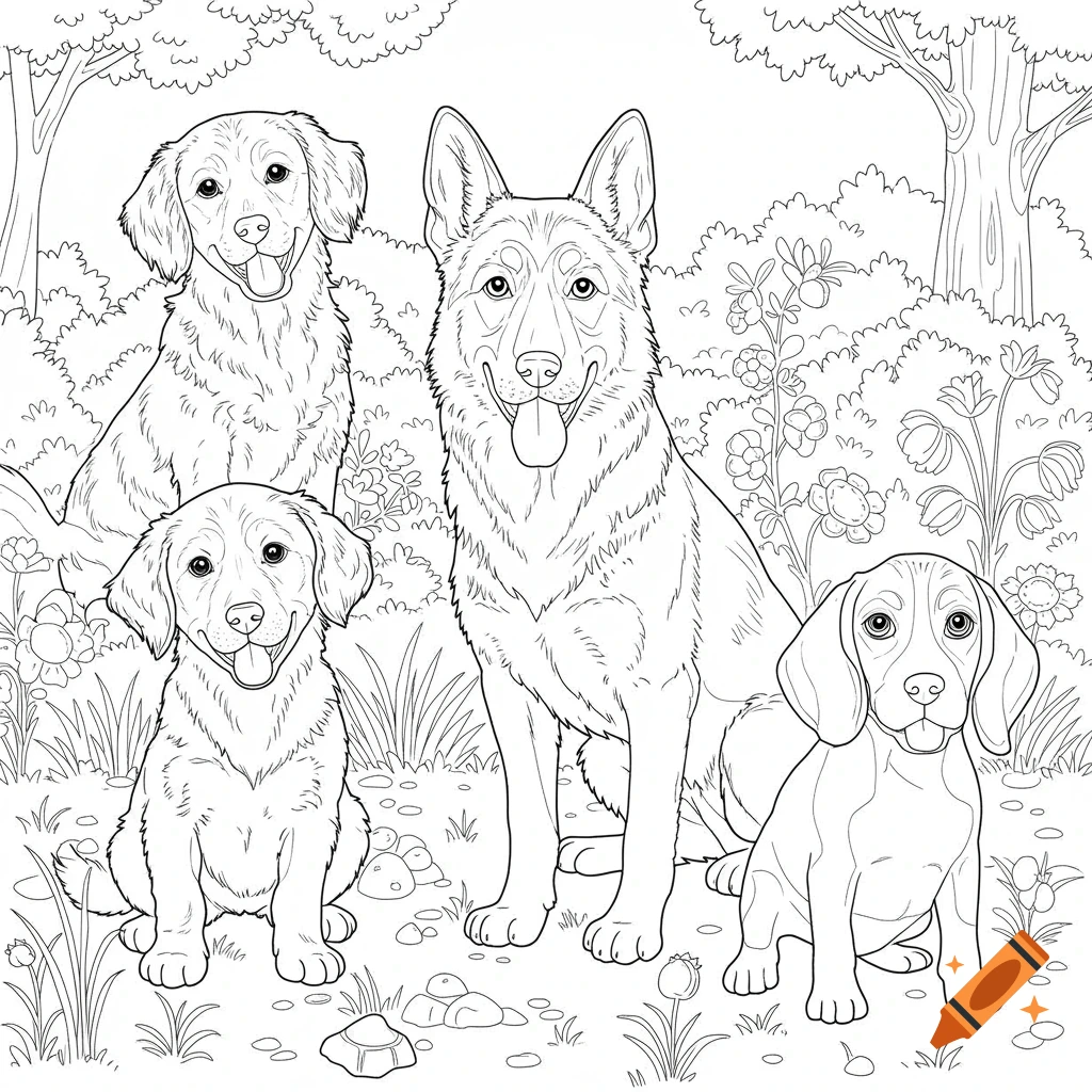 Black and white line drawing for coloring of a German Shepherd, a Golden Retriever, and a Beagle puppy sitting in a garden.