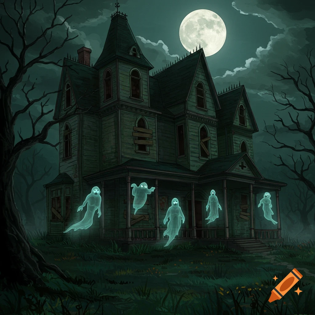 Spooky haunted house at night with ghosts and a full moon.