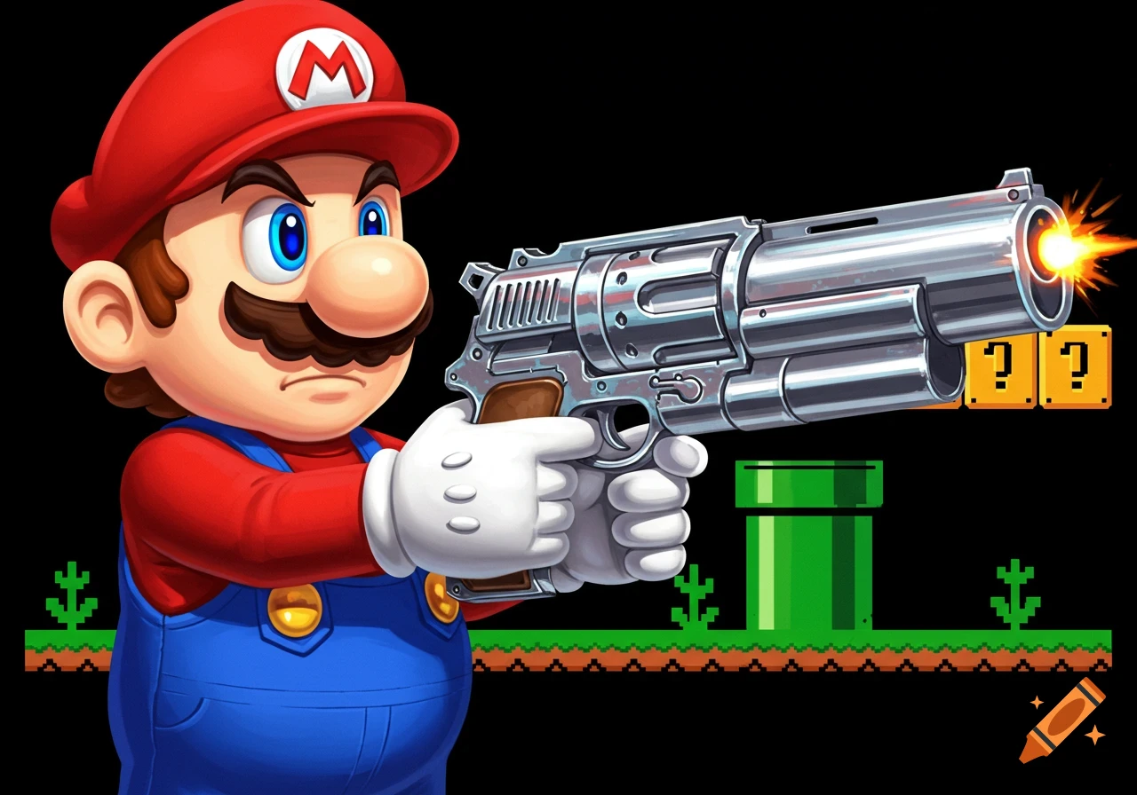 Mario holds a large chrome gun with pixel art ground and pipes.