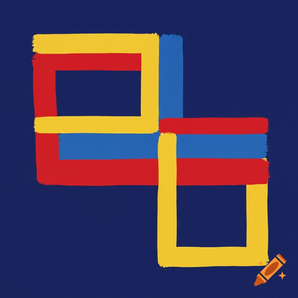 Abstract geometric pattern with red, blue, and yellow brushstrokes on a dark blue background.