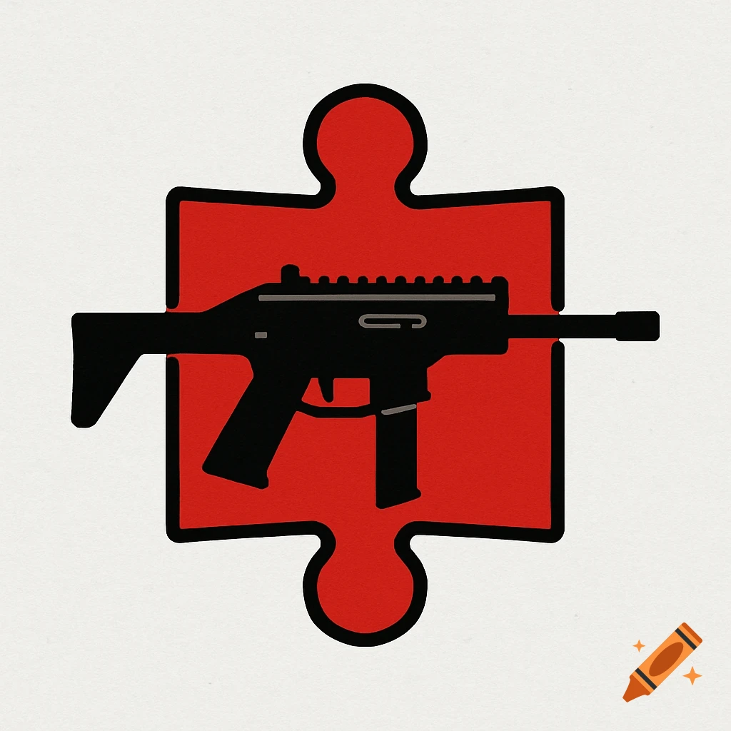 Logo with a black firearm on a red puzzle piece