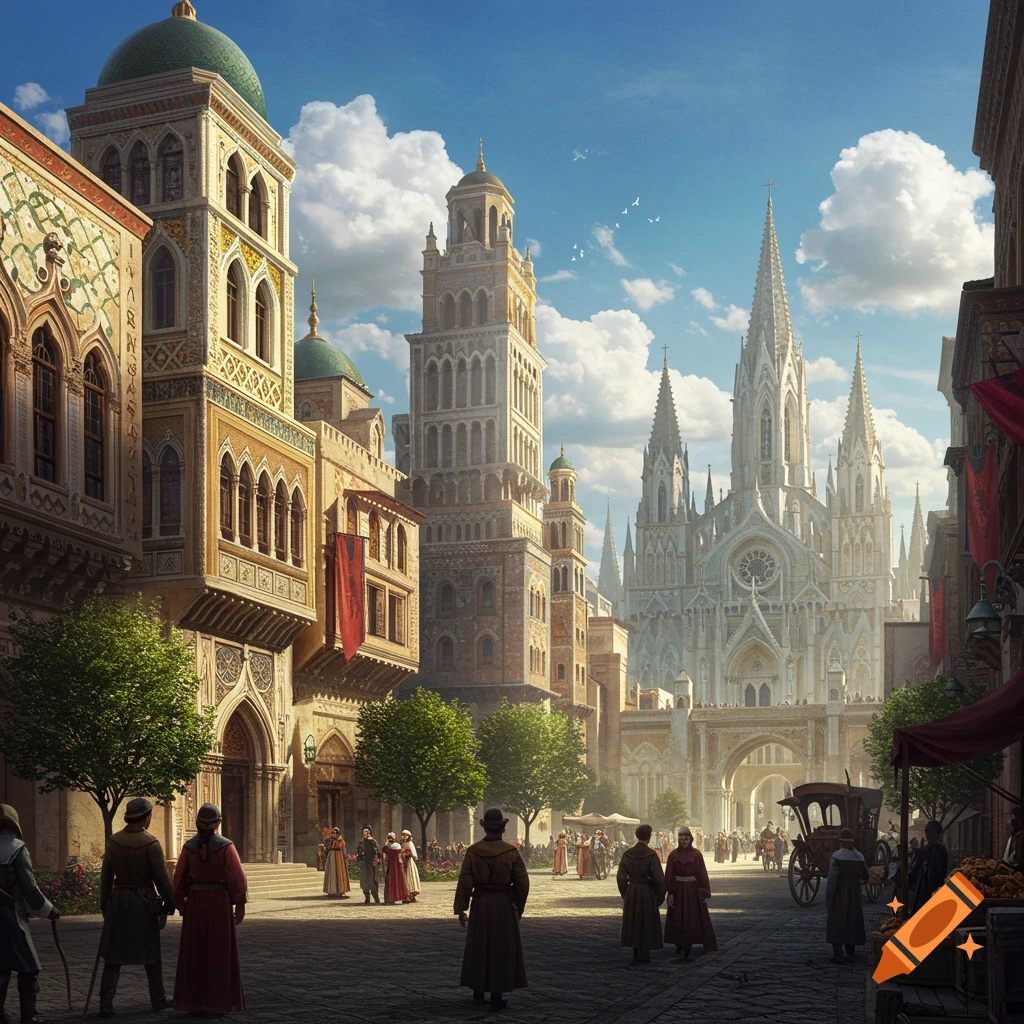 A bustling street in a historical or fantasy city with ornate buildings and a large cathedral.