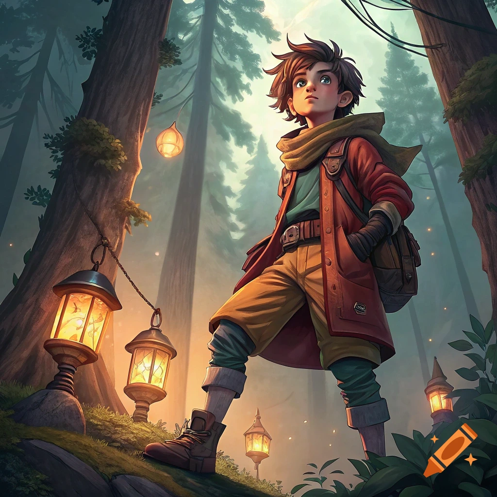 A young person in a red coat stands on a hill in a fantasy forest lit by glowing lanterns.