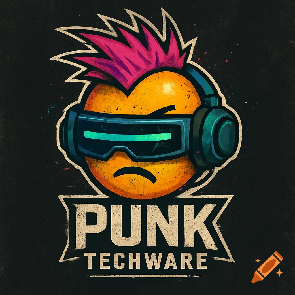 Digital illustration of a yellow emoji face with pink punk hair, sunglasses, and headphones, with 'PUNK TECHWARE' text below.
