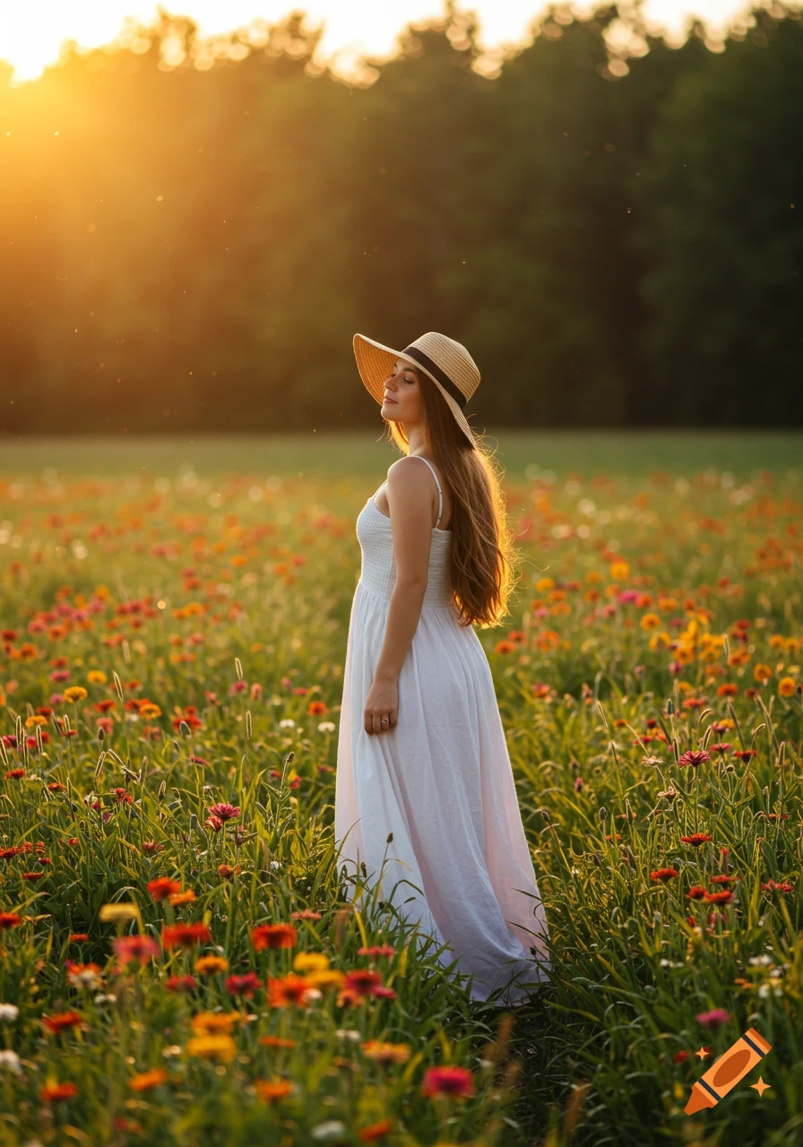Woman in white dress and sun hat standing in a field of colorful flowers at sunset.