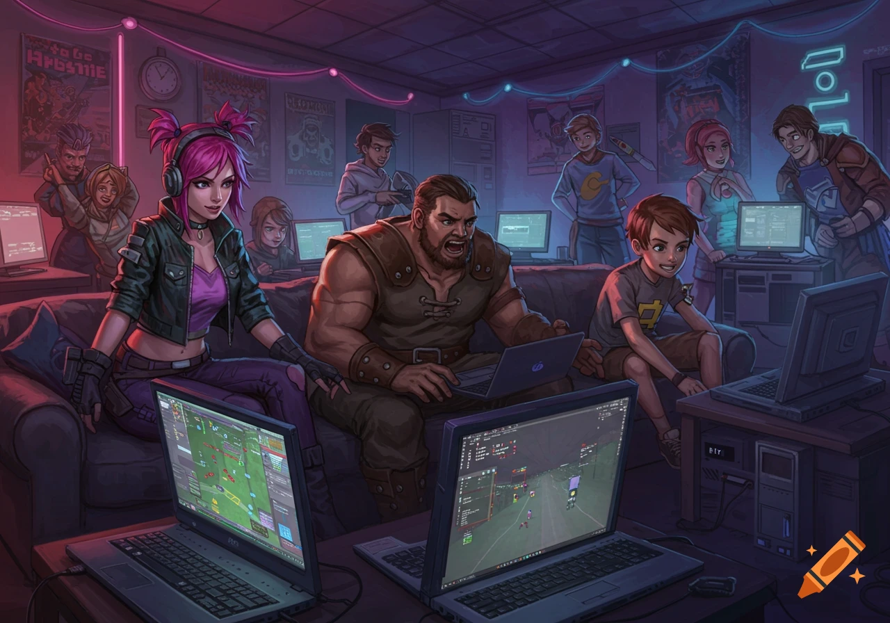 Stylized Image Of People At A LAN Party Playing Games On Laptops On stylized-image-of-people-at-a-lan-party-playing-games-on-laptops-on